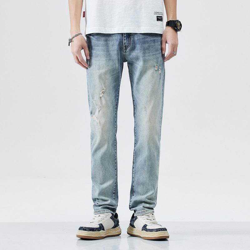 

Новые весенне-летние джинсы мужские повседневные универсальные маленькие с прямыми штанинами, белые, с эффектом стирки и потертостей 40