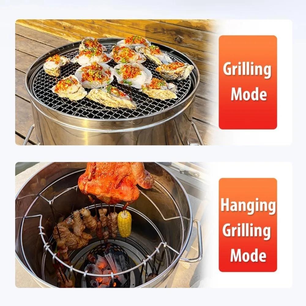 Großer tragbarer rauchfreier Holzkohlegrill - 360° Edelstahl BBQ Fass mit 50 Spießen, für Camping, Picknicks & Kochen im Garten