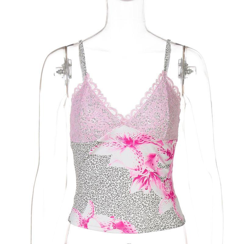 

Gusty Pure Desire Sexy Wind Lace V-neck Sling Vest American Sweet and Spicy Young Adult Leopard-Print Slim-Fit Short T-shirt Tops Pink S