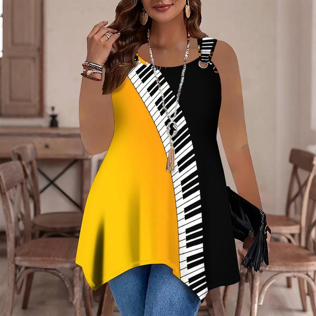 Modische Lässige Sport-Doppelring-Weste für Damen, Große Tank-Weste mit Noten-Aufdruck, Unregelmäßiger Saum, Elegant und Schlicht