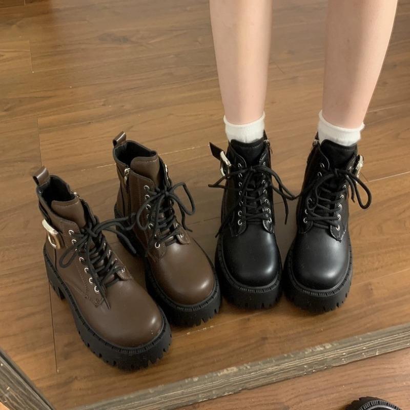 Fashion Women's High Heel Ankle Boots Round Head Square Heel Side Zip Women Boots Belt Buckle Spring Autumn Leisure Fashion Botines Shoe