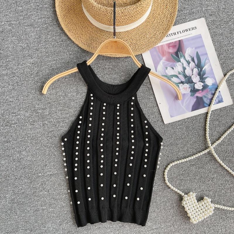 Pure Desire Top Women's Heavy Industry Beads Slim-fitting Short Sexy Off-the-shoulder Neck Sling Vest Women's Versatile Knitted Sweater Tide