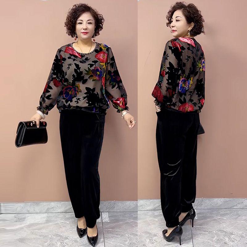 Spring and Autumn Women's Plus-Size Blouse Loose Fit Printed Silk Blouse Round Neck Floral Velvet Blouse