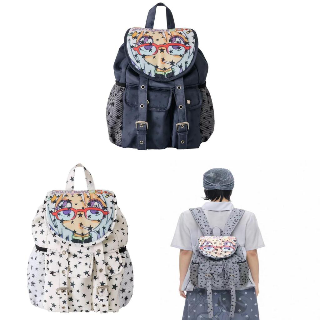 Star Cartoon Print Nylon Backpack With Waterresistant Design For Students And Casual Use