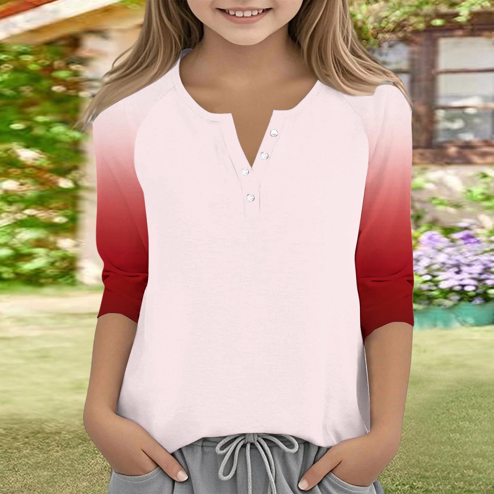 

Children Three Quarter Sleeve Color Block Button Casual Top Lightweight Soft Fabric Comfortable Fit Stylish Design for Everyday Wear 160 кавун червоний колір