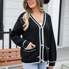 2023 Women's Casual Sweater Large Size Color Matching Pocket Coat V-neck Loose Sweater