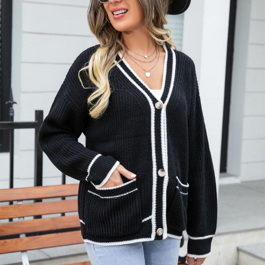 2023 Women's Casual Sweater Large Size Color Matching Pocket Coat V-neck Loose Sweater