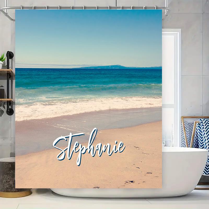 

Beach Blue Ocean Shower Curtain With Custom Name Personalized Decor For Bathroom Modern Design Waterproof Fabric Available In Va 90x180cm