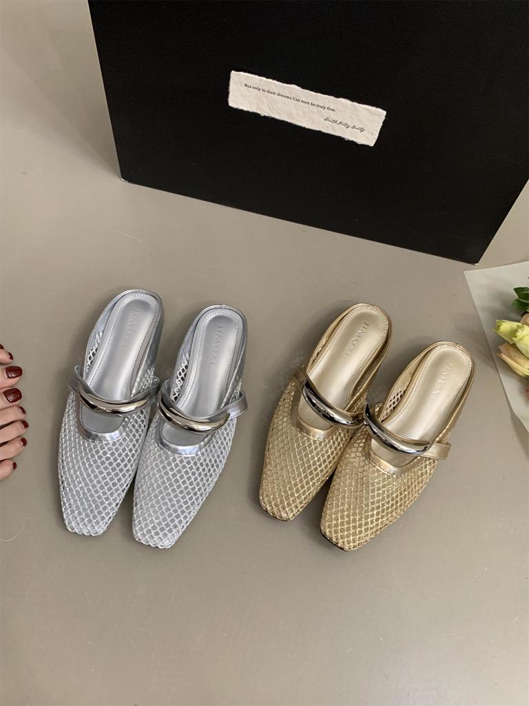Fashion Women Mesh Ballet Flats Fishnet Ballerina Flats Buckle Strap Slip On Ballerina Shoes Summer New Mesh Beach Slides Outside Mules