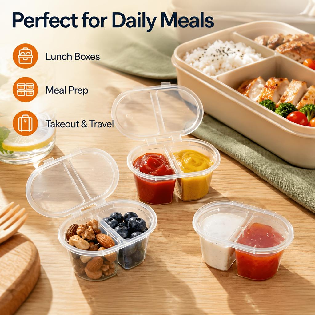 50/100Pcs Disposable Plastic Sauce Cups With Hinged Lids Dual Compartment Portion Cups Leakproof Takeout Condiment Salad Dressing Containers