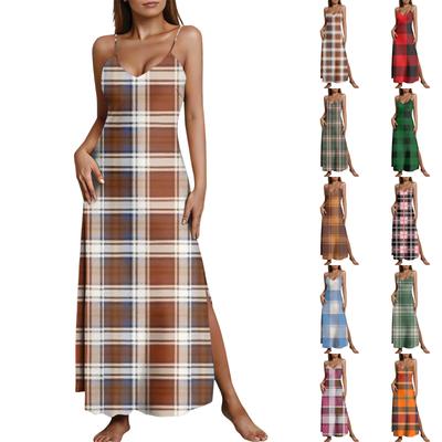Womens Summer Dresses Sleeveless Plaid Print Maxi Dress Casual Fit Beach Dresses for Women Vacation Dresses for Women 2026 Elegant Dresses for Women