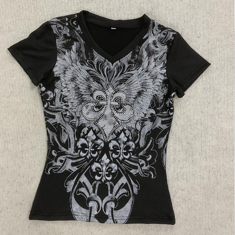 Европейский и американский ретро панк темный стиль V-образный вырез горячее тиснение печатная футболка S чёрный