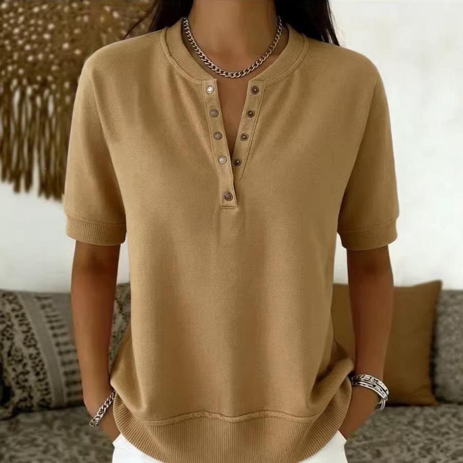 Women's Henley V Neck Partial Button Short Sleeve Solid Color Casual T Shirt Loose Daily Basic Blouse