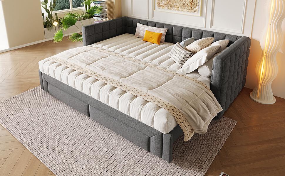 Daybed, Daybed, 90 X 200cm, Sofa Bed with Square Backrest, Pull-Out Bed (Extendable To 180 Queen Size), 2 Drawers, Without Mattress, Grey