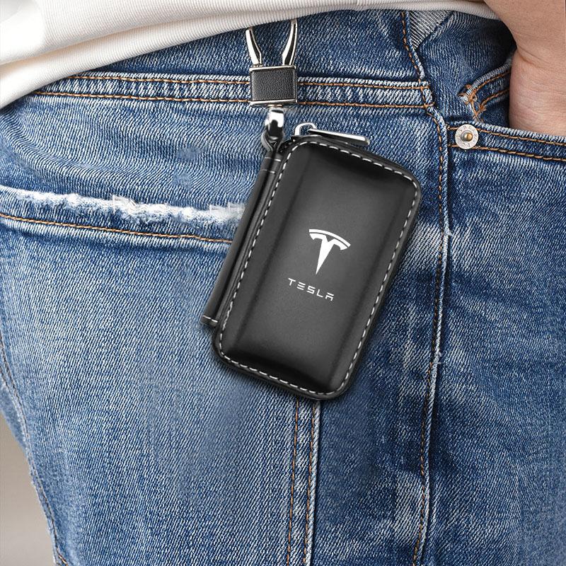 1Pcs Leather Car Emblem Key Case Keychain Zipper Key Case Bag For Tesla Model S Model X Model Y Model 3 Roadster SpaceX Accessory