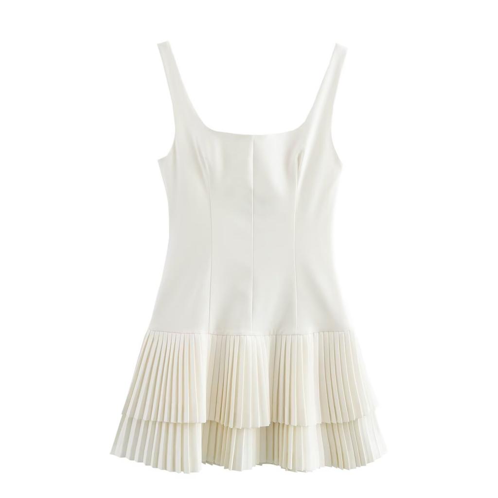 LYRIA Women Fashion Square Collar Sleeveless Solid Mini Dress Female Summer Pleated Dress Chic High Street Slim Short Dress