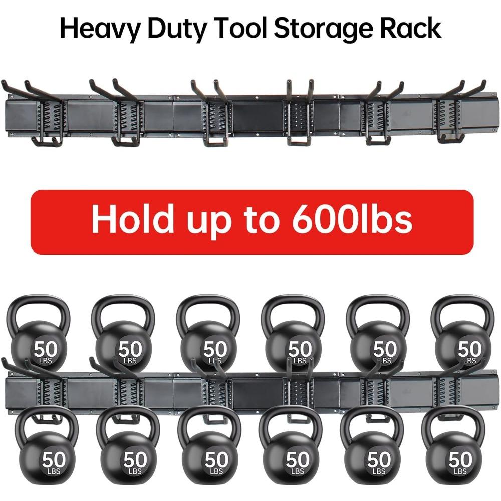 Garage Storage Rack Hooks, 48 Inch Heavy Duty Wall Mount Garage Organization with 3 Rails and 6 Adjustable Double Wall Hooks