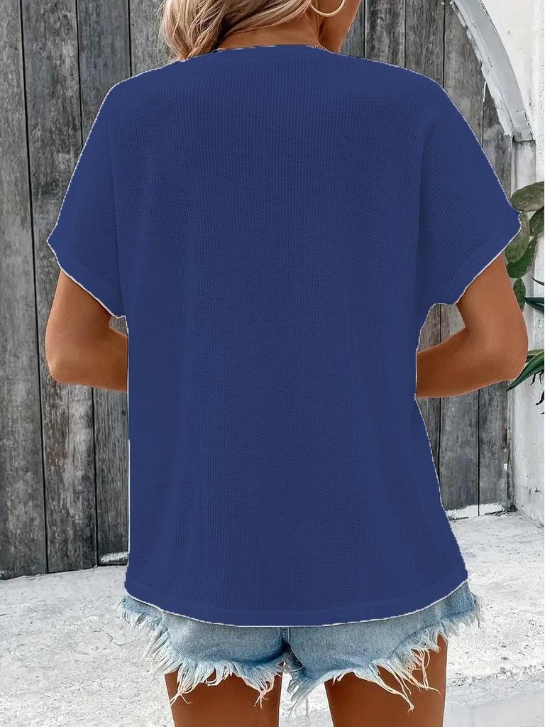 Frühling/Sommer 2025 Damen Plus Size Knopf Kurzarm T-Shirt - Europäischer/Amerikanischer Stil, Einfarbige Mode