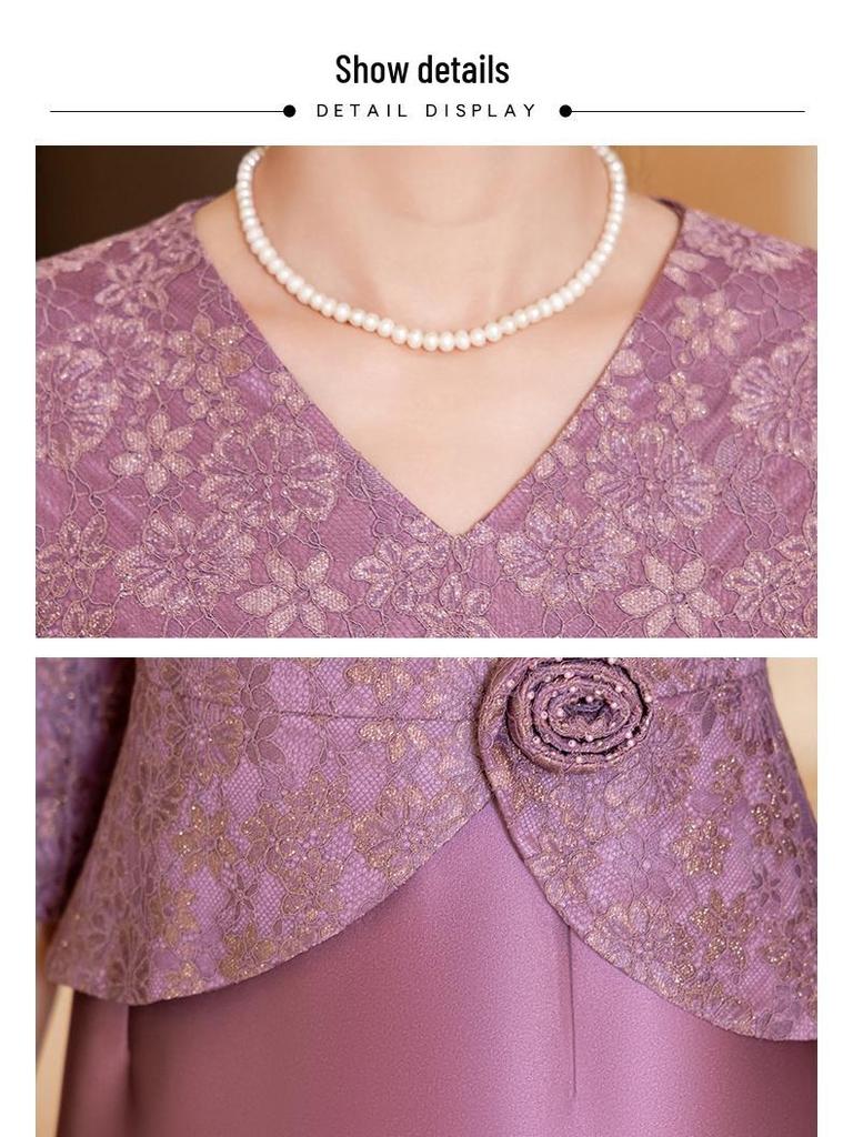 Robe Amincissante Élégante à Col en V pour Mamans - Jupe en Dentelle Violette