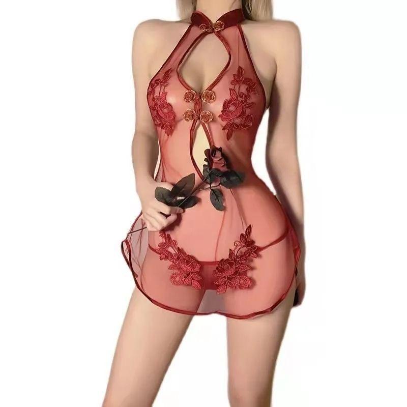 Large size sexy perspective sex underwear mesh embroidered cheongsam passion seduction charm pajamas babes set