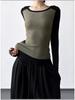 T-shirt à Manches Longues Color-Block Coupe Ajustée pour Femme - Design Élégant Hiver 2025 pour Porter Seul ou en Couche