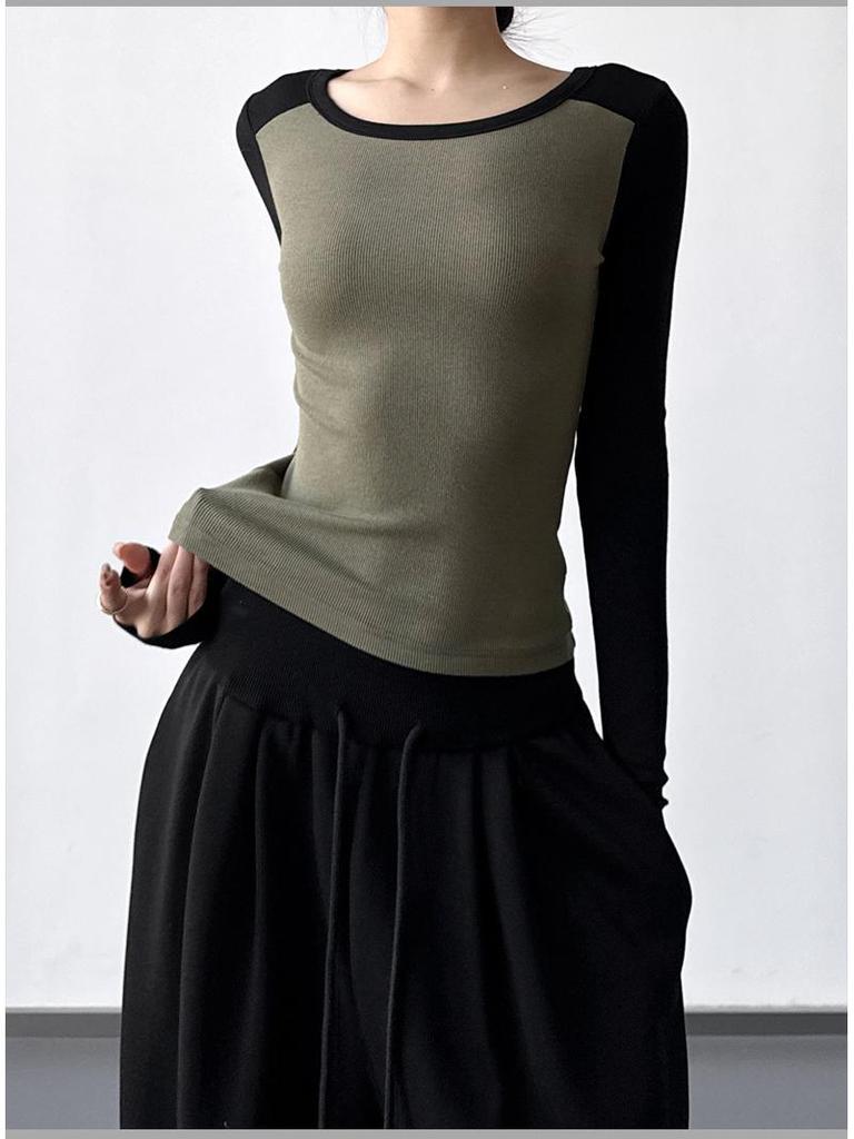 T-shirt à Manches Longues Color-Block Coupe Ajustée pour Femme - Design Élégant Hiver 2025 pour Porter Seul ou en Couche