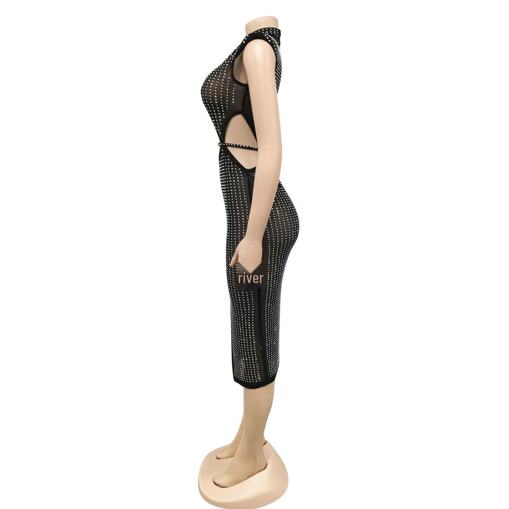 Damen Sexy Netz Durchsichtig Heißer Strass Hohl Schlitz Kleid C5796