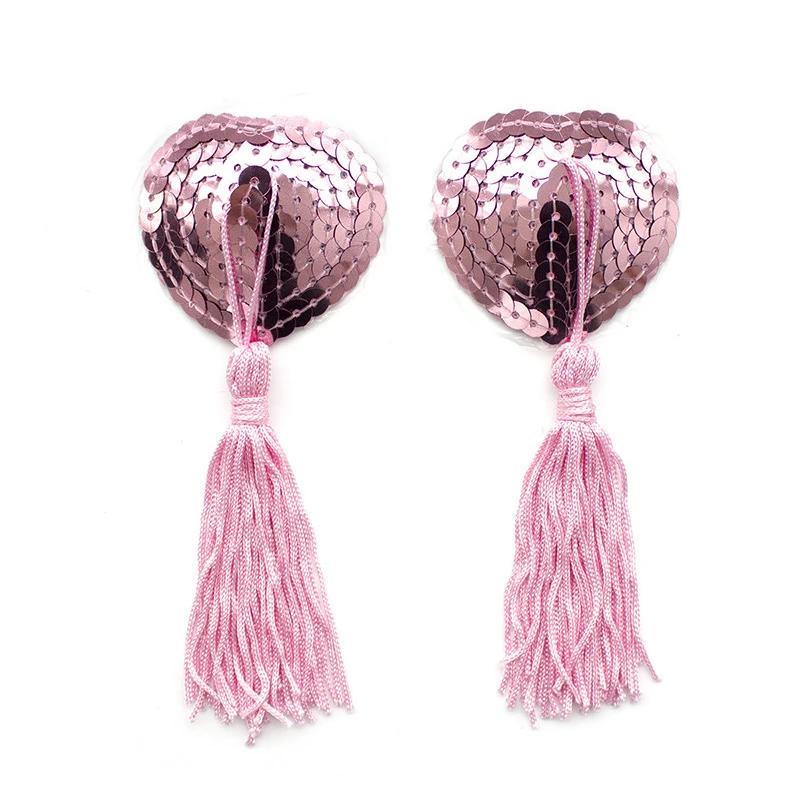1Pair Sexy Pasties Stickers Sequin Nipple Covers with Tassels Heart Shape Nipple Stickers Pasties  Chest Stickers