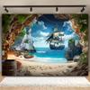 2D Nautical Background Featuring a Tropical Island and Old Pirate Vessel