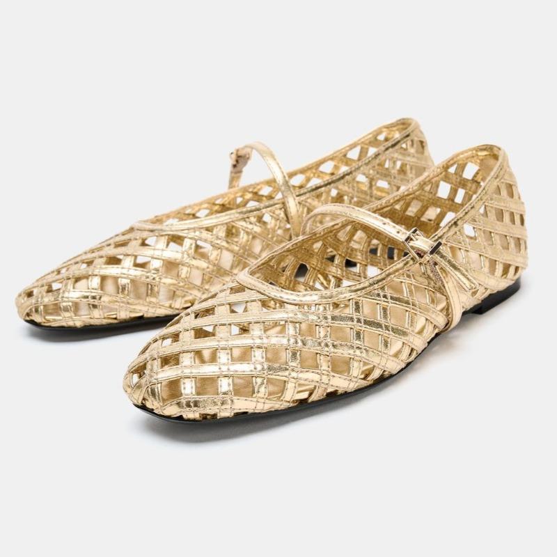 

Novelty Metallic Effect Mesh Ballet Flats Women Fashion Gold Round Toe Buckle Mary Jane Shoes Summer Hollow Woven Flat Sandals 42 золотий