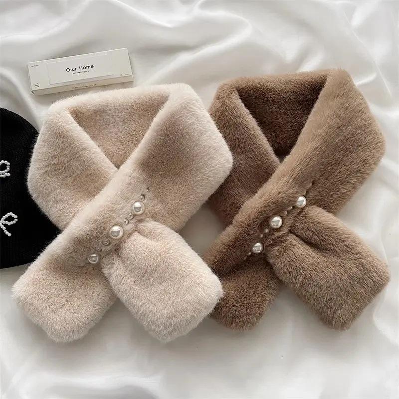 Korean Pearl Plush Imitation Rex Rabbit Fur Scarf - Thickened Cross Design for Autumn and Winter