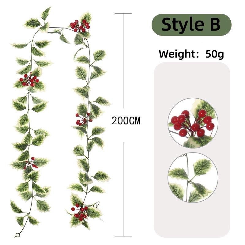 1-10PCS Artificial Holly Leaf and Red Berry Garland Wall Hanging Christmas Decoration Faux Vine for Home Holiday Atmosphere