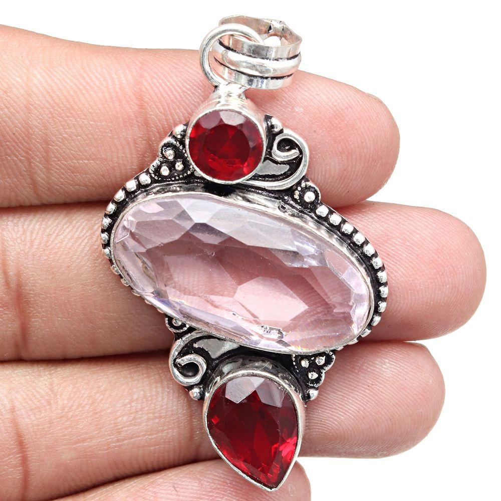 Pendant Kunzite Garnet Gemstone Gift For Her Silver Jewelry 2.5"