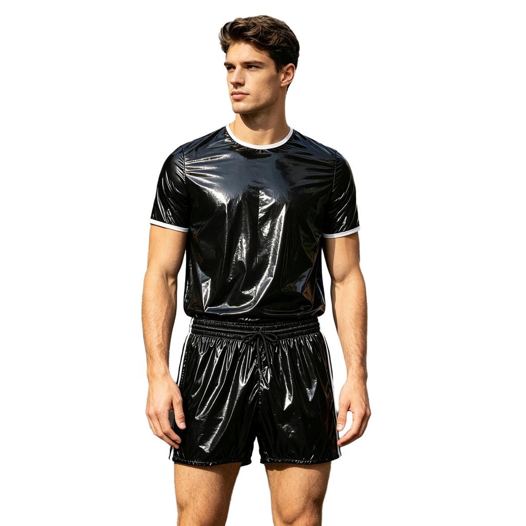 Mens Waterproof Vinyl Outfit Contrasting Trim Short Sleeve T Shirt Top Built In Briefs Boxer Shorts