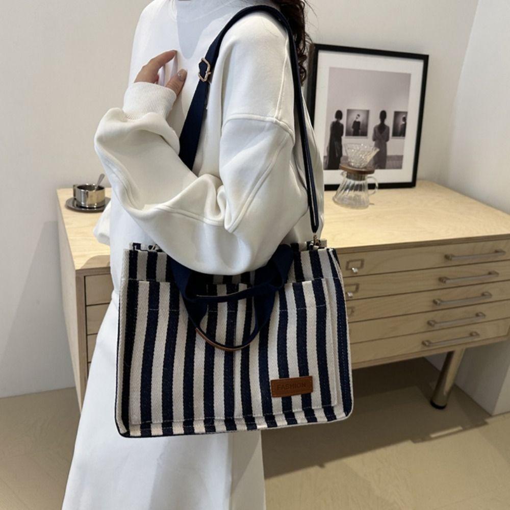 Temperament Large Capacity Stripe Canvas Tote Bag Simple Korean Style Shoulder Bag Portable Fashi Cloth Handbag All-match