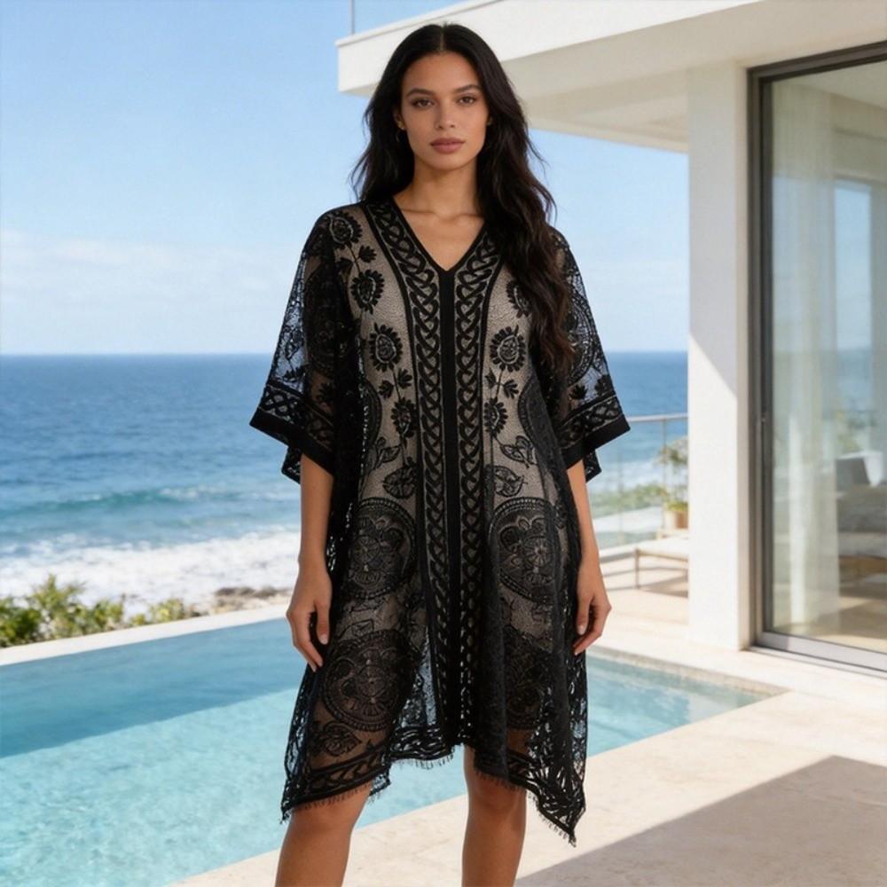 Lace Mesh Bohemian Shawl Plus Size Swimsuit Cover Up Vintage Sunscreen Beach Cover Up Summer