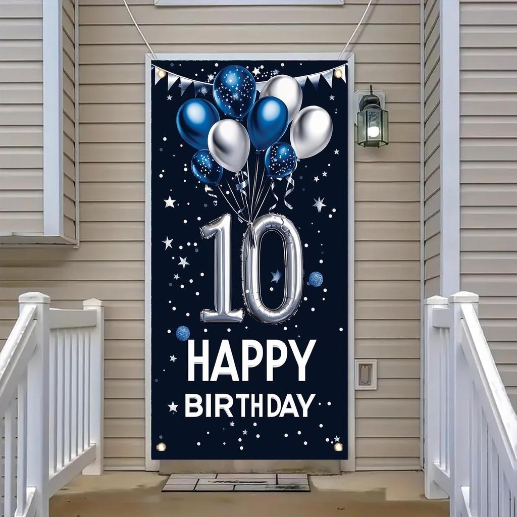 10th Birthday Door Cover Decoration 71 x 35 Inch Blue and Silver Balloon Banner for Tenth Birthday Party Supplies Happy 10 Years Old Photo Booth