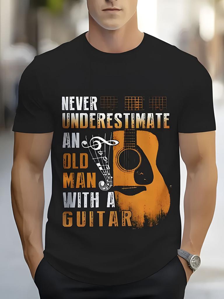 Mens Tshirt with printed notes and guitar patterns vintage band design suitable for musicians and music enthusiasts