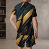 Men s Plus Size Dark Green Gold Printed Round Neck Short Sleeve Top And Shorts Two Piece Set