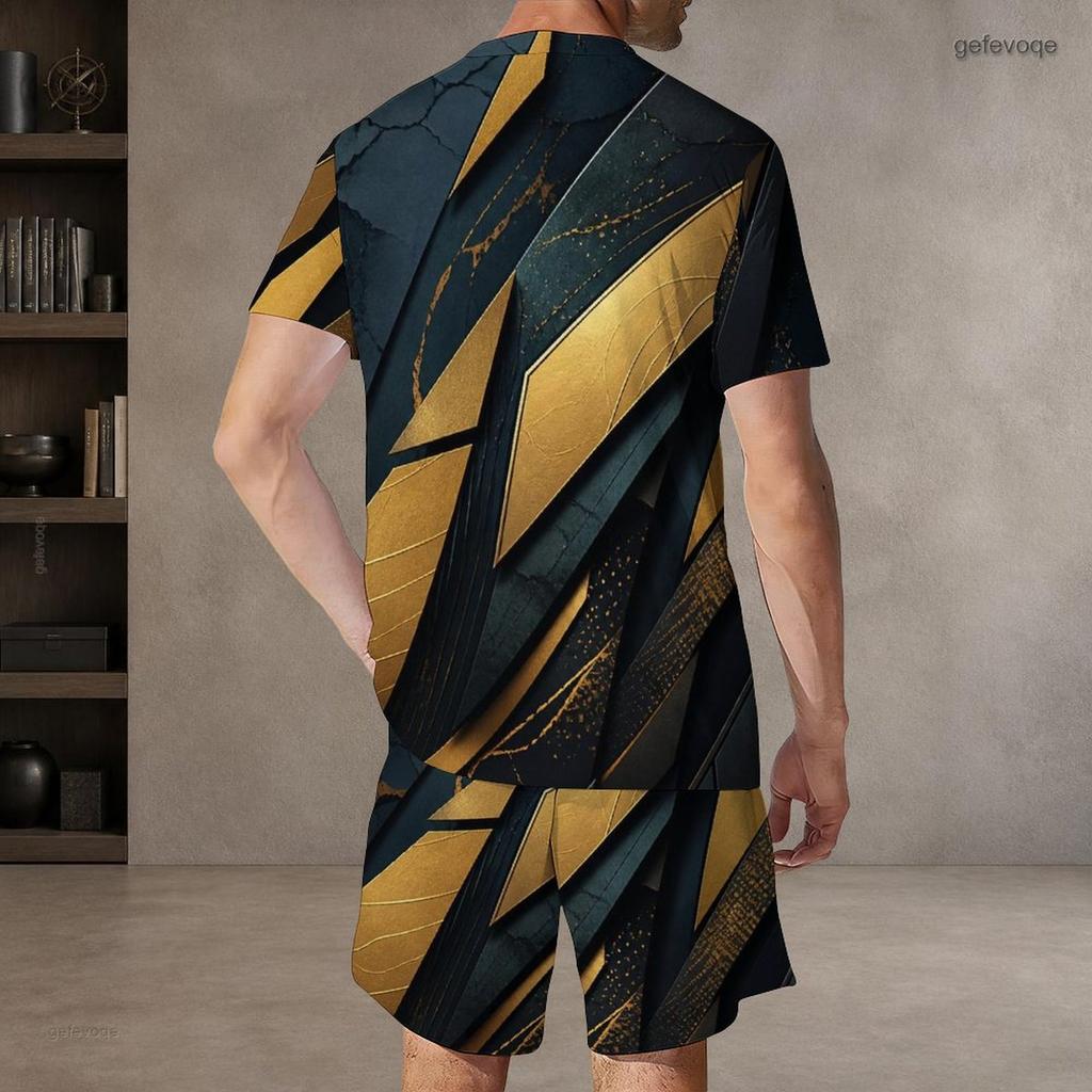 Men s Plus Size Dark Green Gold Printed Round Neck Short Sleeve Top And Shorts Two Piece Set