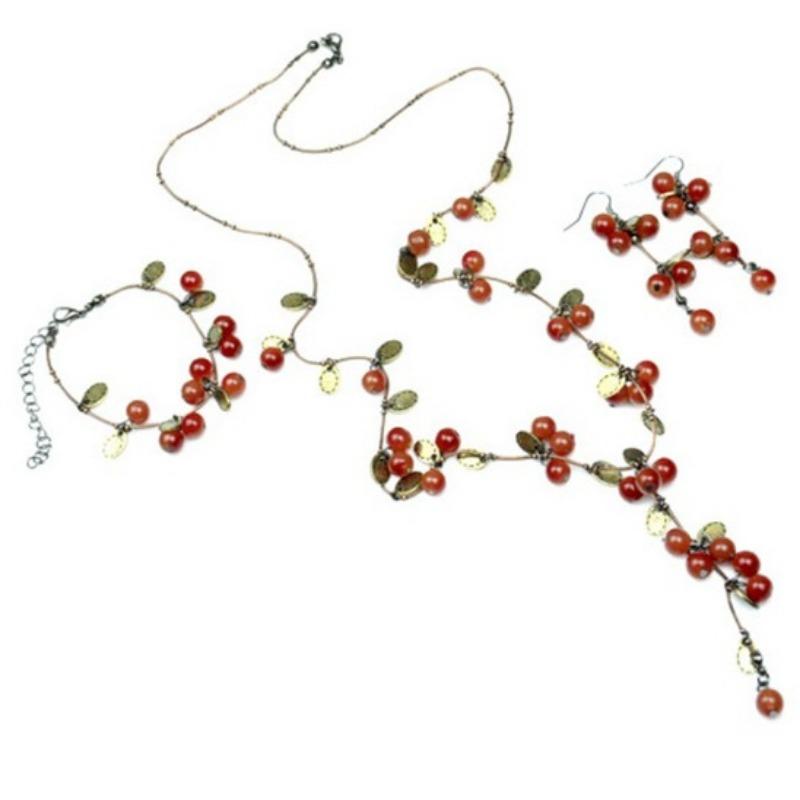Vintage Forest Girl Bohemian Cherry Necklace Sweet Stylish Red Cherry Bracelet Earrings Set