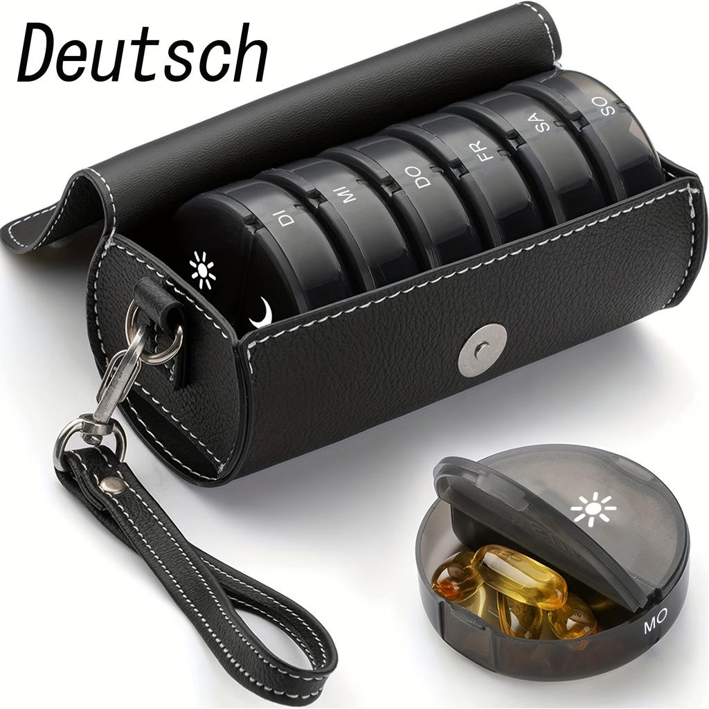 (German printing)Weekly Pill Organizer 2 Times a Day 7 Day Pill Box with PU Leather Case Portable Travel Medication Container