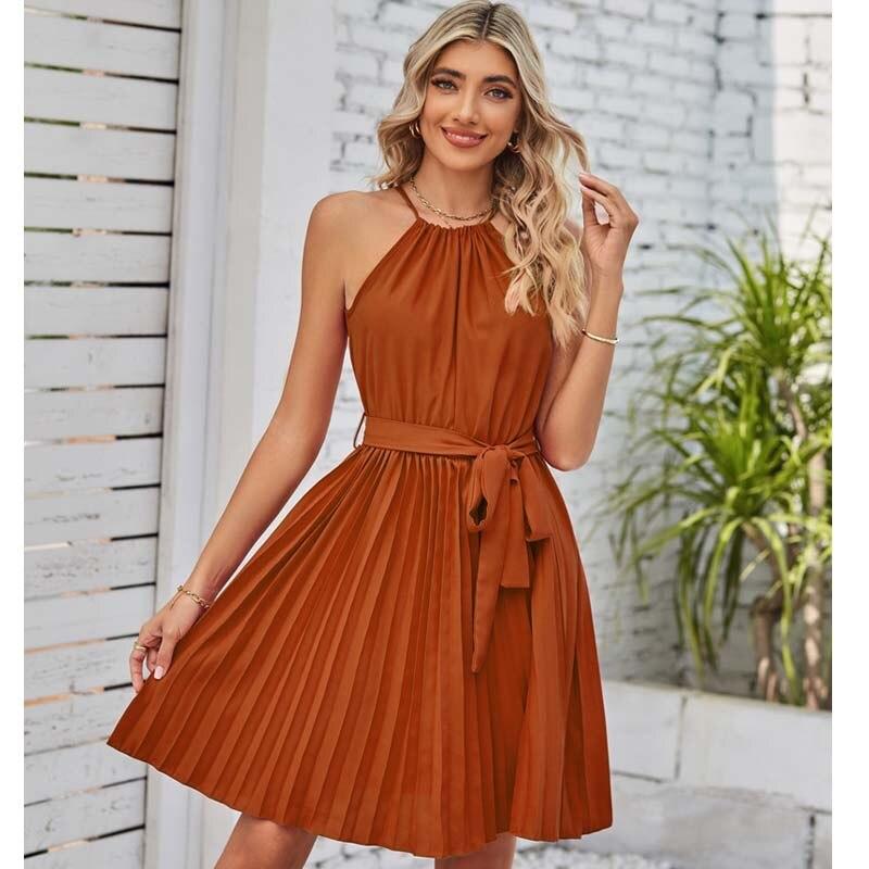 Abito corto senza maniche con scollo all'americana solido moda estiva Abito da festa a pieghe casual Abito estivo sexy con lacci a vita alta 27832