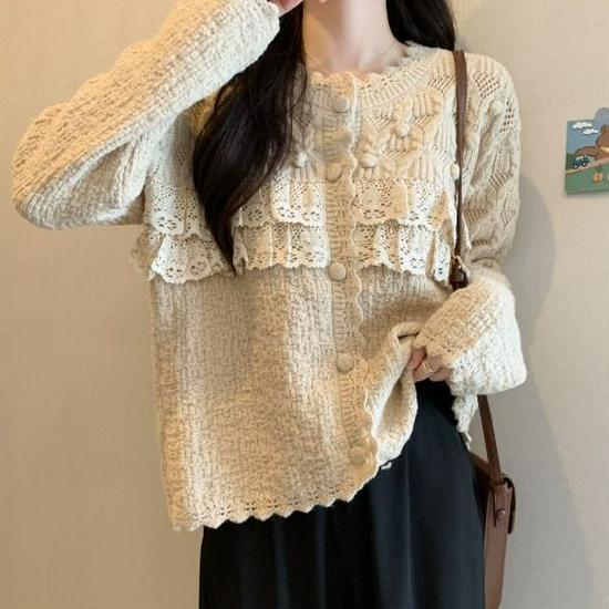 

Women s French Retro Lace Patchwork Knit Cardigan - Stylish Slimming Autumn/Winter Outerwear Extra Large