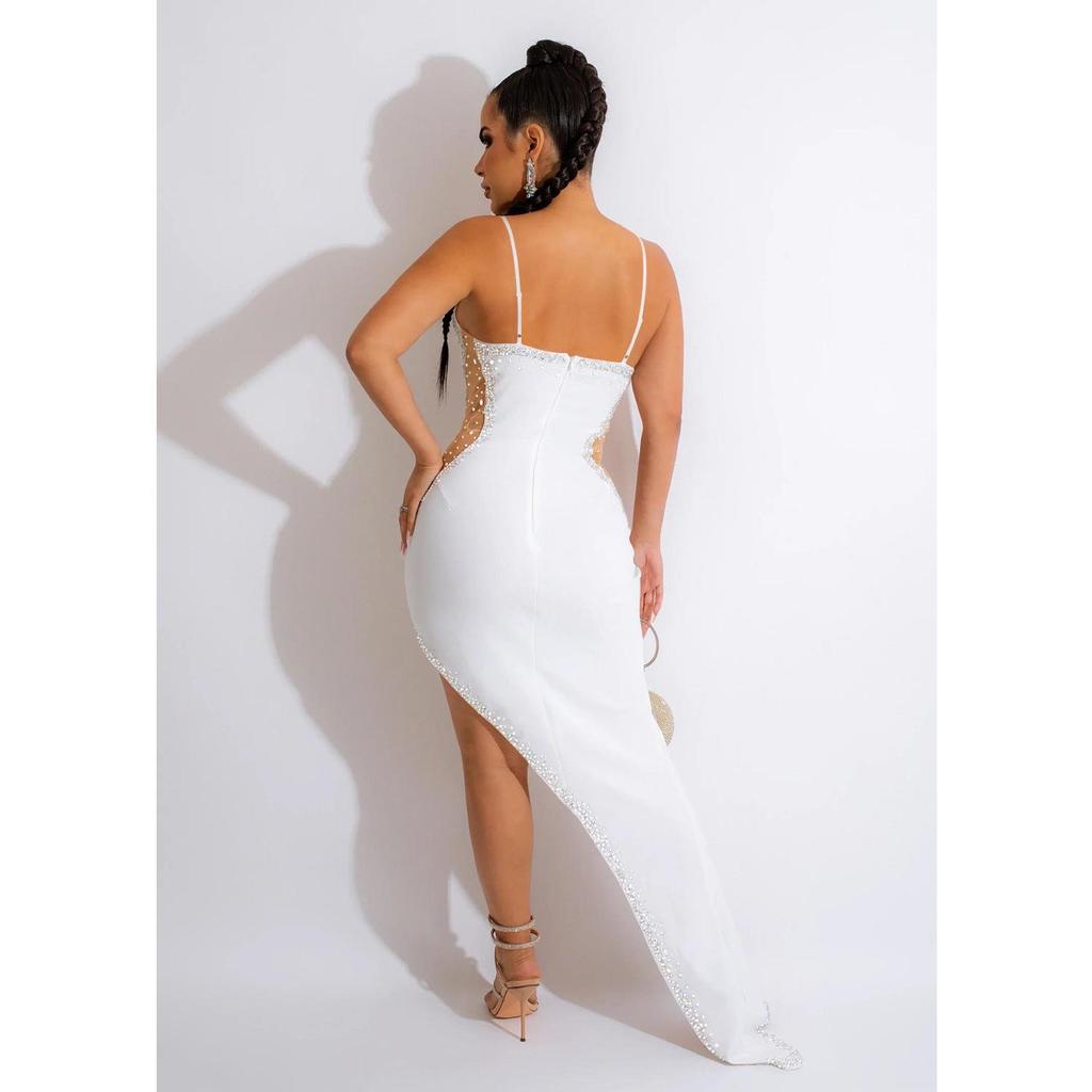 Women's Fashion Solid Color V-Neck Sleeveless Long Dress with Hot Drilling