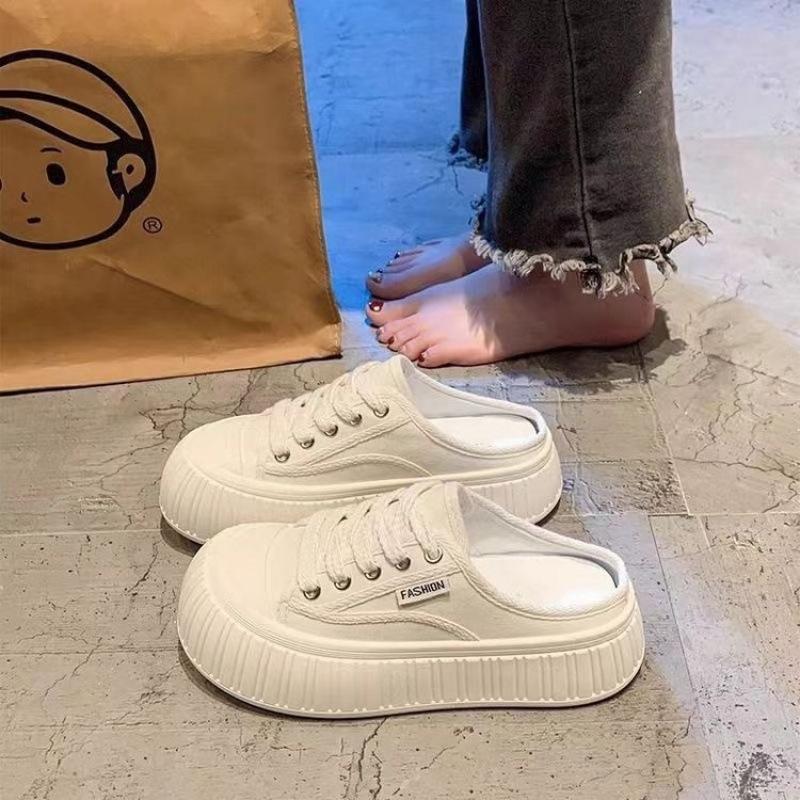 Summer thick-soled heightening lazy canvas slippers small skirt half slippers flat shoes