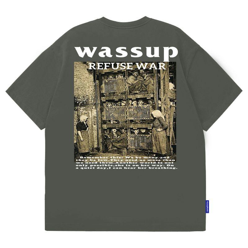 Wassup Heods American Heavy-Duty Vintage Printed Short-Sleeve T-Shirt for Men, National Trend, Pure Cotton, Loose Oversize