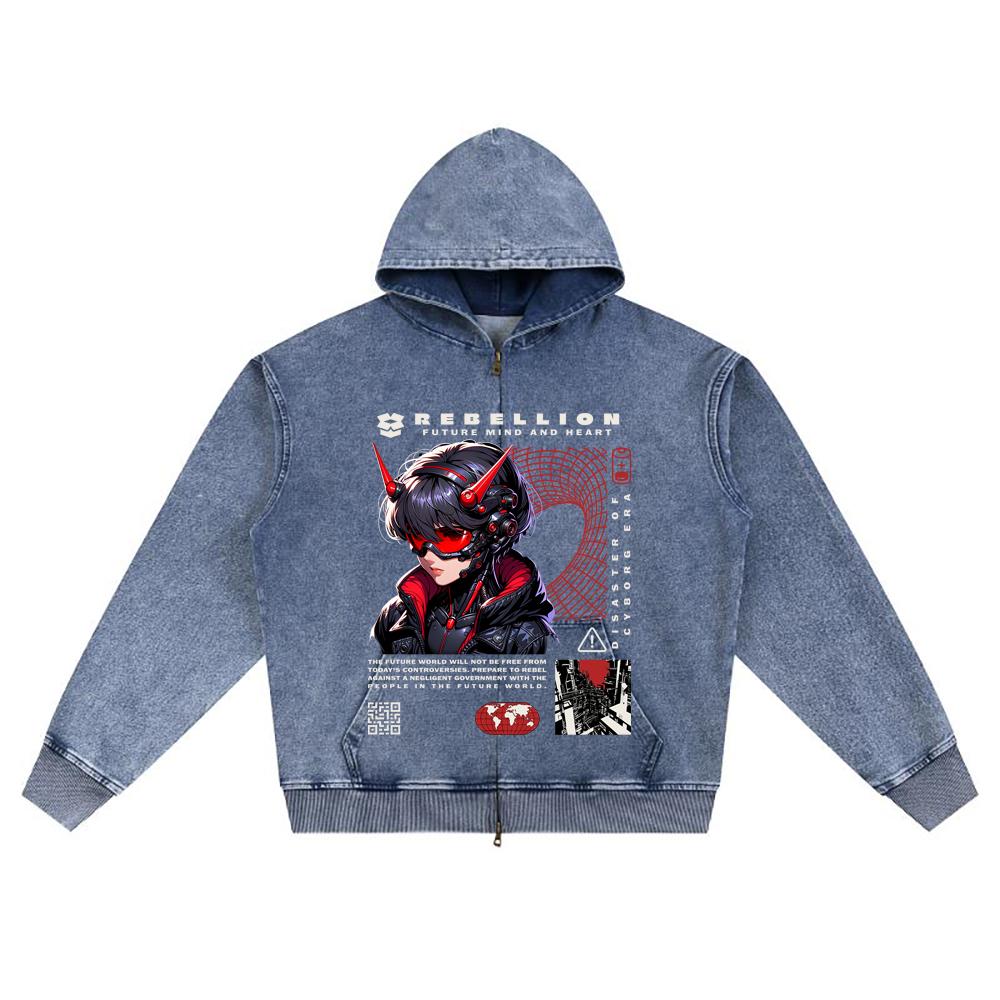 DTG print Knitted Denim Zip-Up Hoodie Manga Graphic Brother Print Zipper Hoodies  