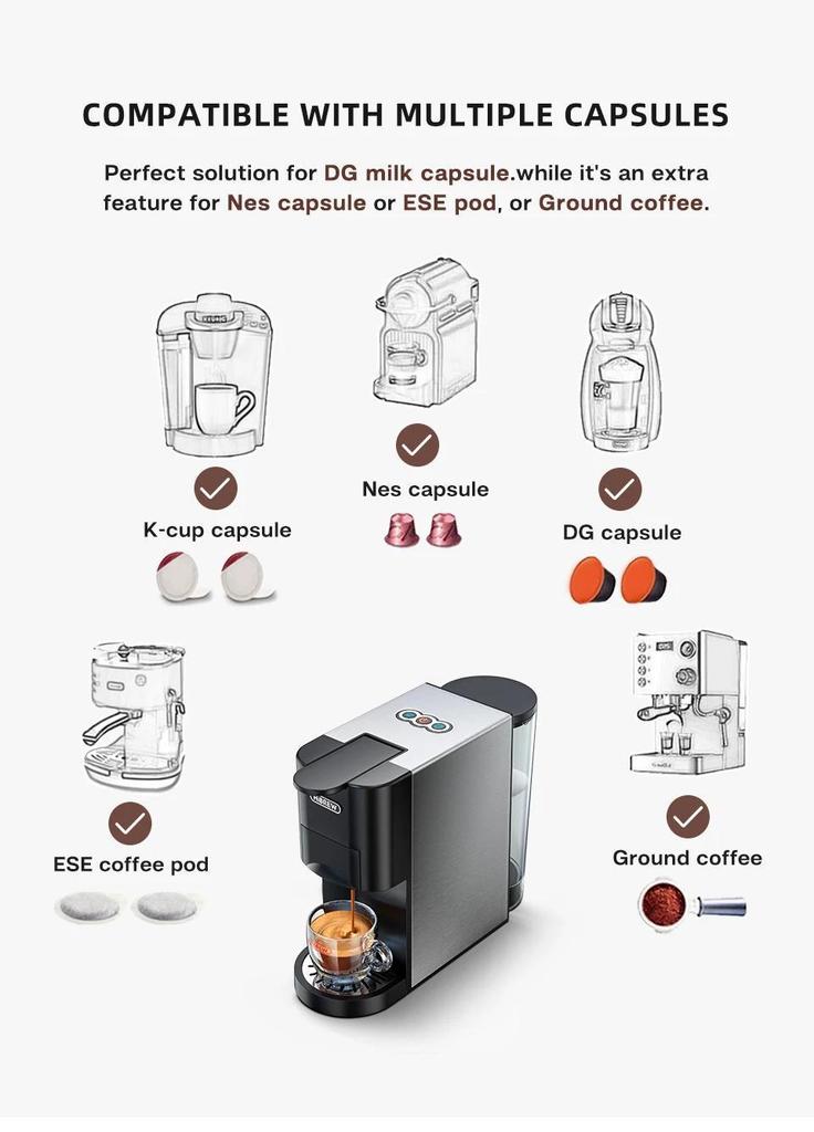 H3A Home Cafetera de cápsulas multifuncional 5 en 1, compatible con cápsulas Dolce Gusto, Nespresso, ESE y café molido, acero inoxidable