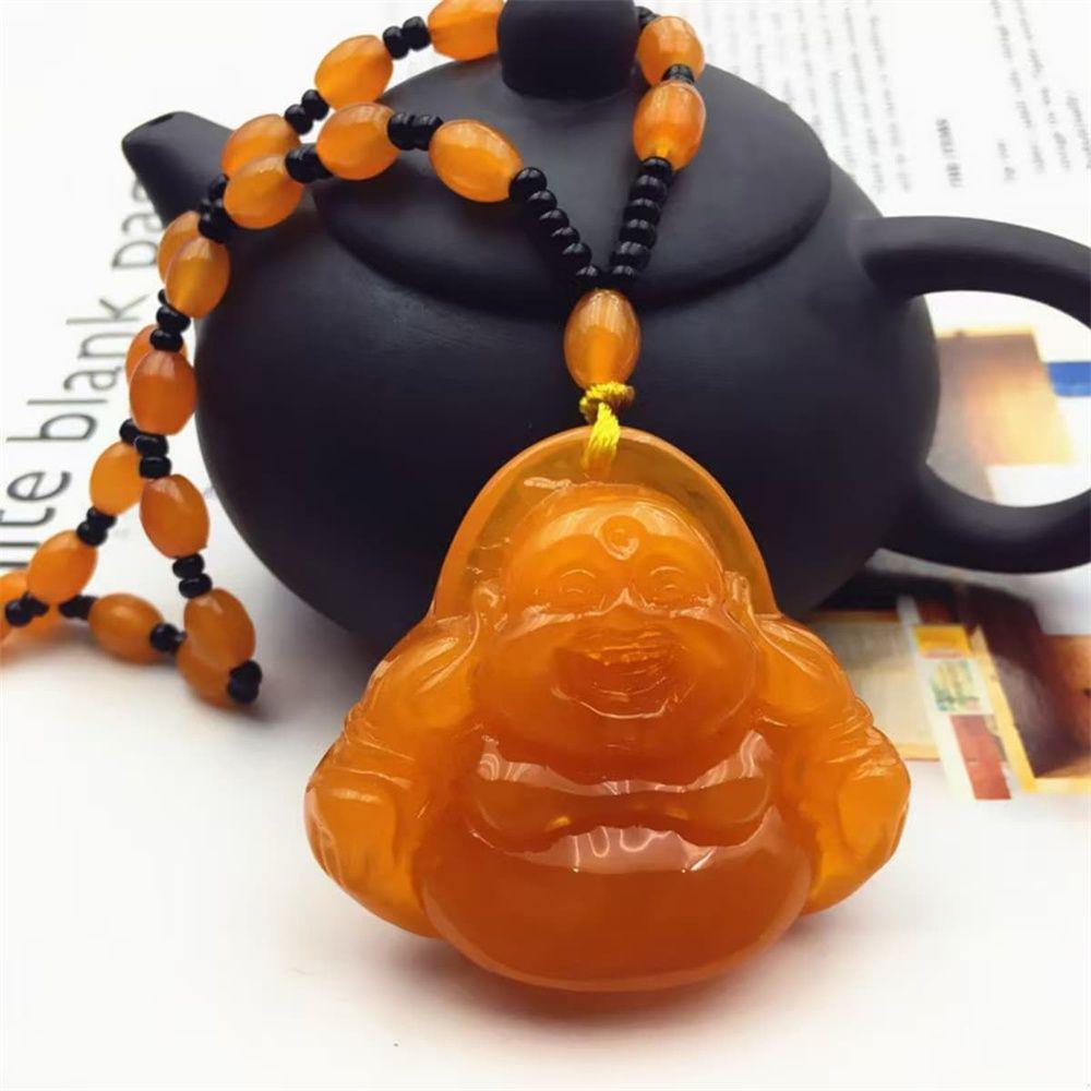 Orange Carved Maitreya Buddha Pendant Necklace - Women's Niche Style